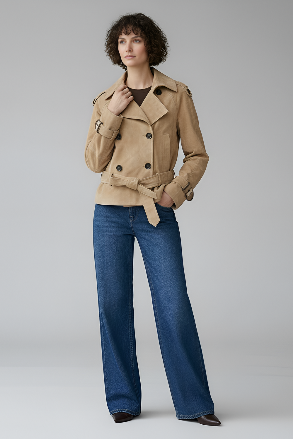 ELLIS suede leather trench coat women beige front pose elegant belted trench jacket outfit