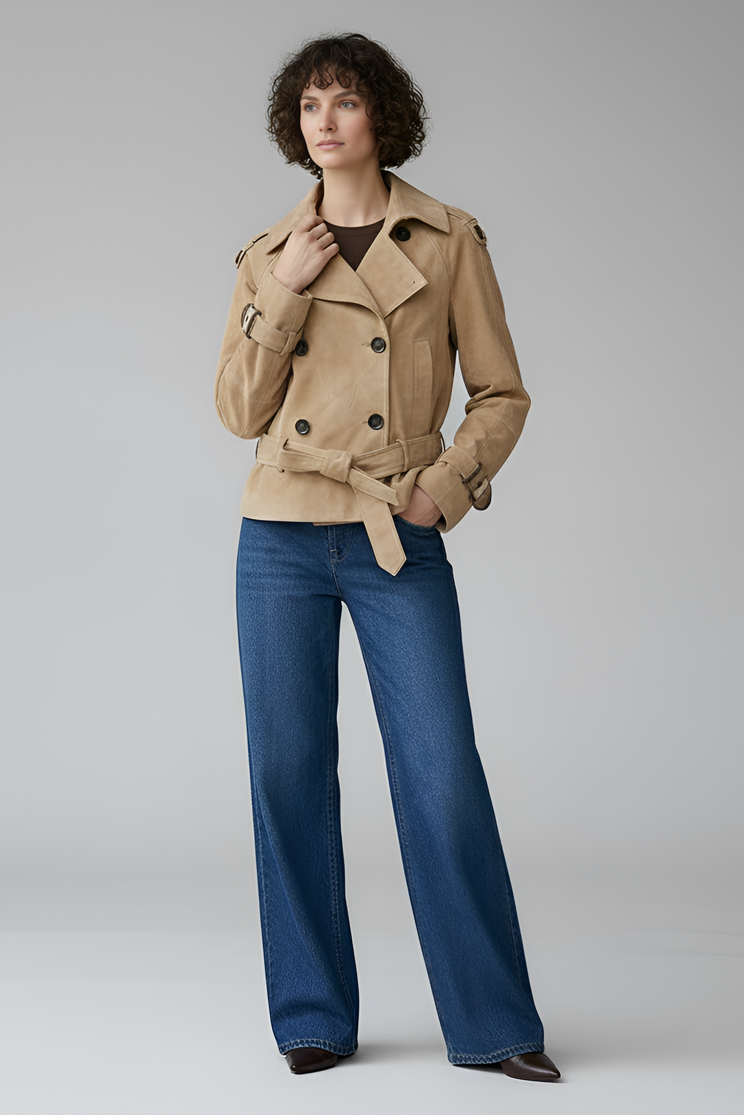 ELLIS suede leather trench coat women beige front pose elegant belted trench jacket outfit