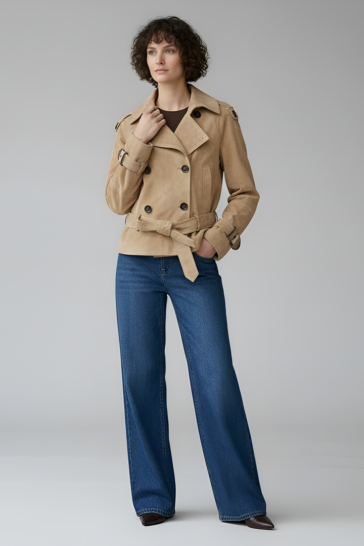ELLIS suede leather trench coat women beige front pose elegant belted trench jacket outfit