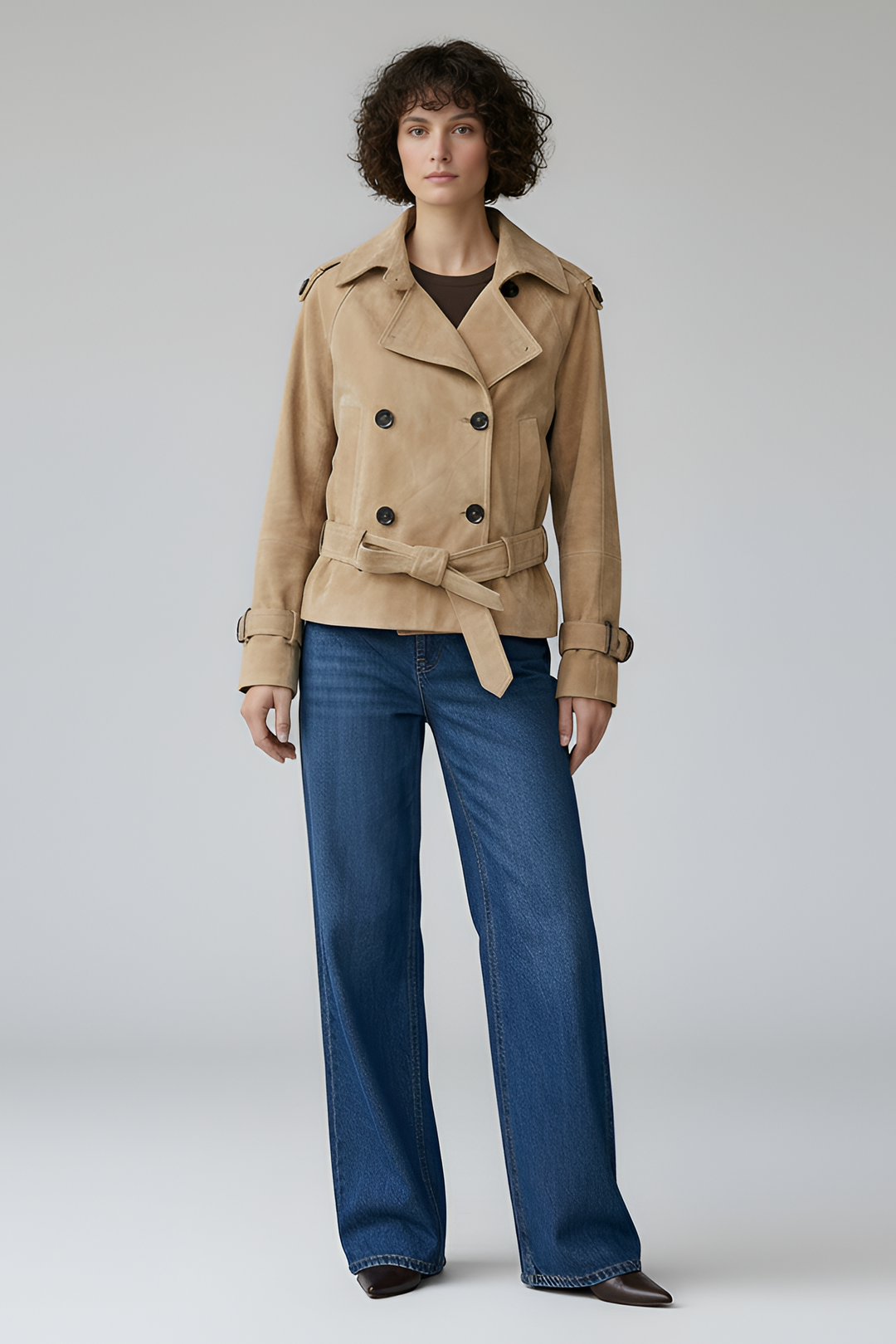 ELLIS suede leather trench coat women beige front view double breasted belted trench jacket