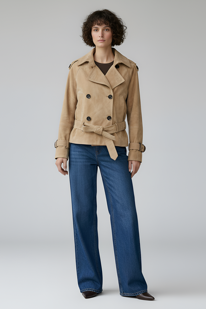 ELLIS suede leather trench coat women beige front view double breasted belted trench jacket