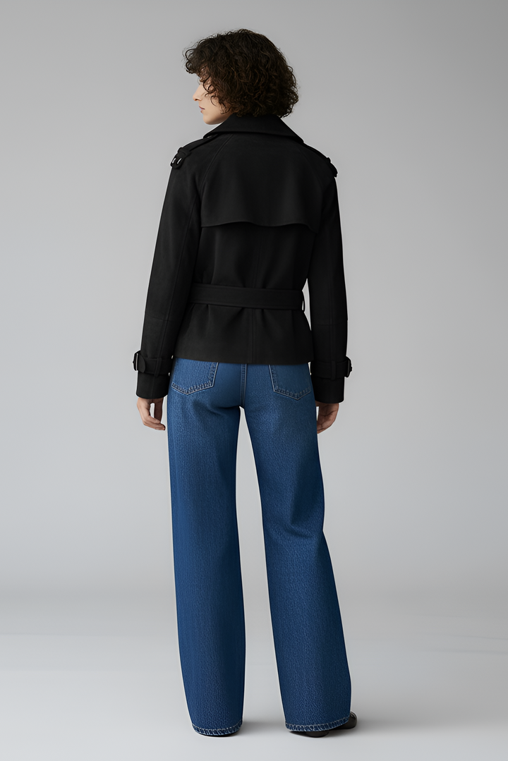 ELLIS suede leather trench coat women black back view belted suede jacket
