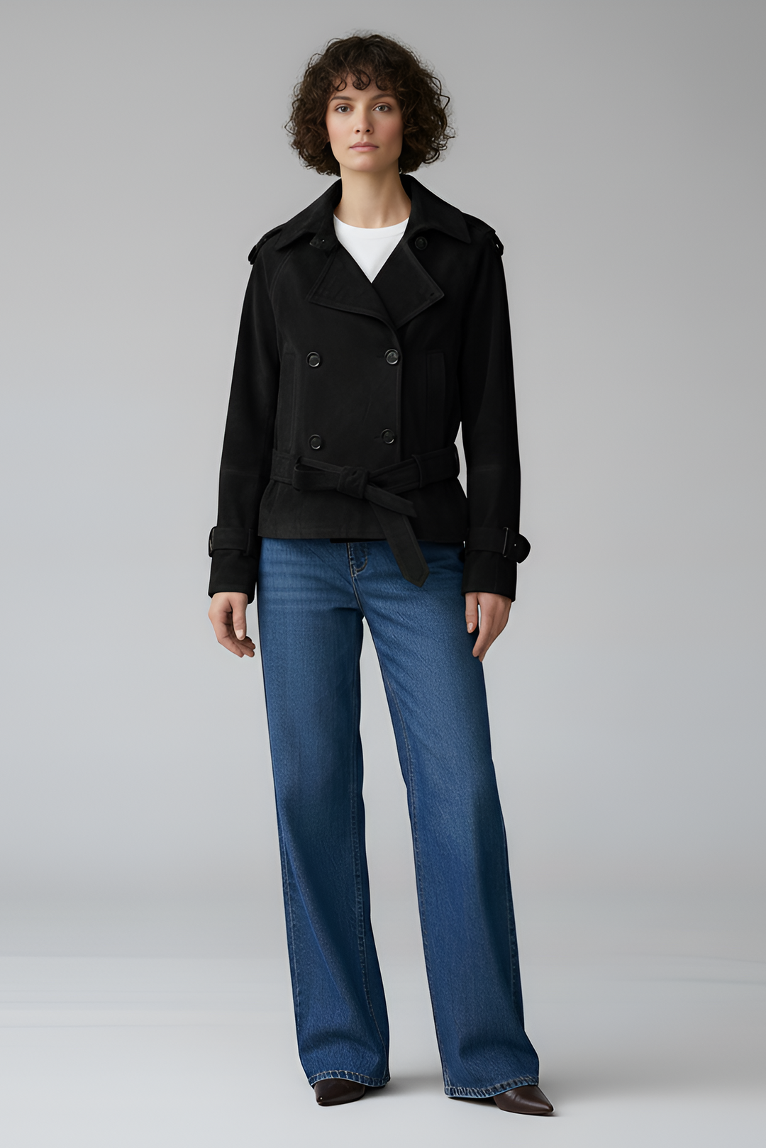 ELLIS suede leather trench coat women black front minimalist suede jacket