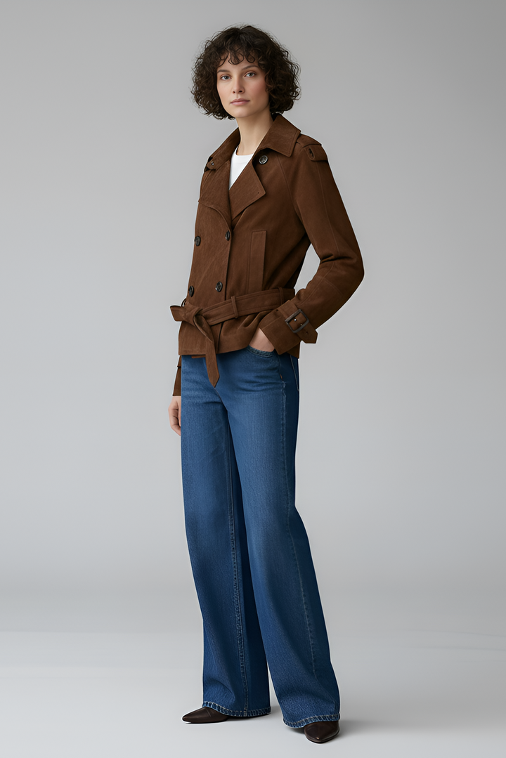 ELLIS suede leather trench coat women brown angled view cropped trench jacket