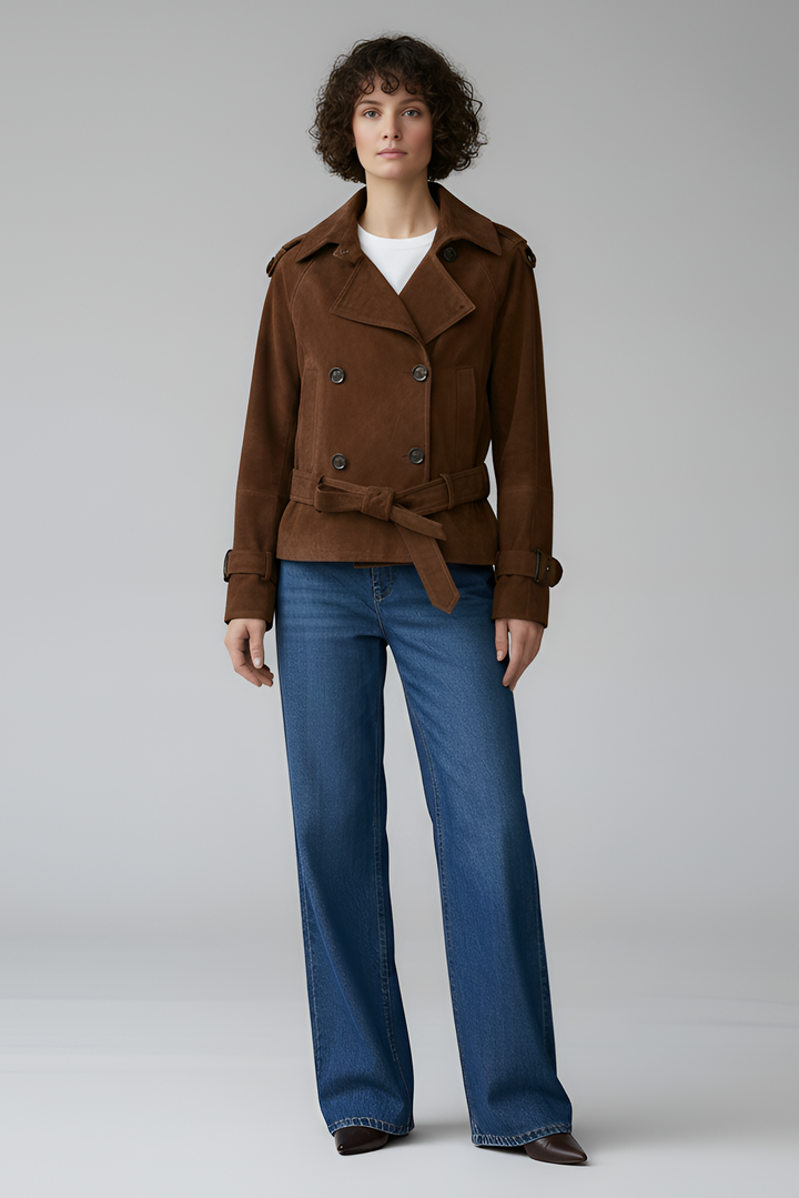 ELLIS suede leather trench coat women brown front classic suede trench coat