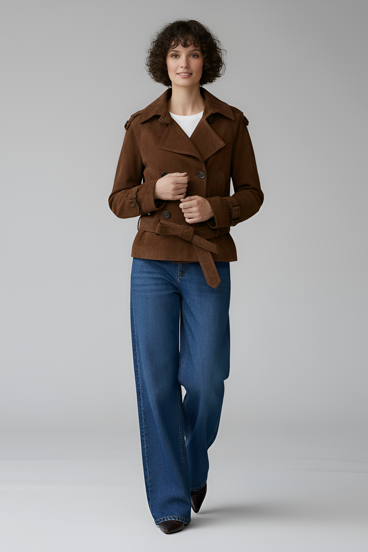 ELLIS suede leather trench coat women brown walking pose belted suede coat
