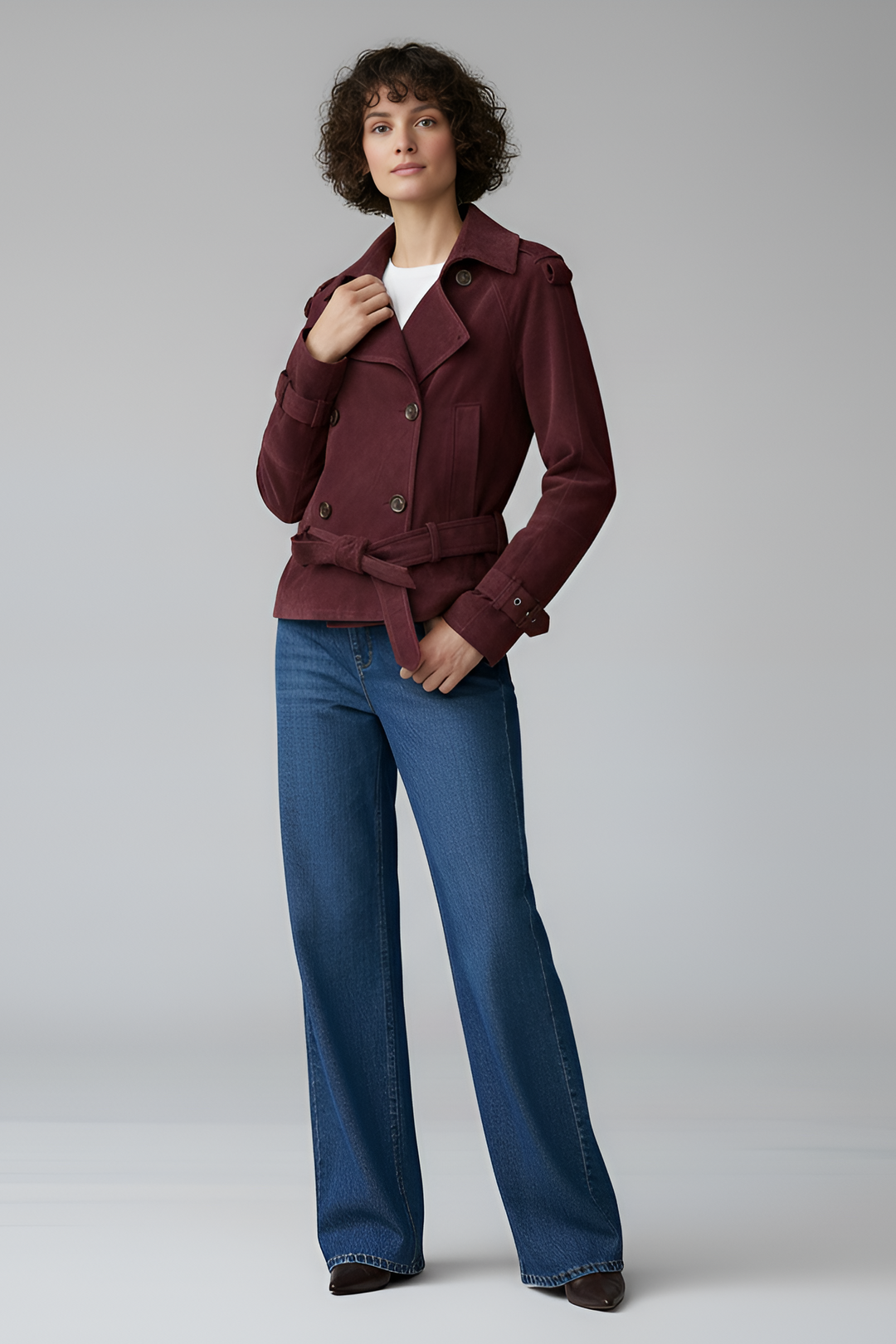 ELLIS suede leather trench coat women burgundy front elegant suede jacket