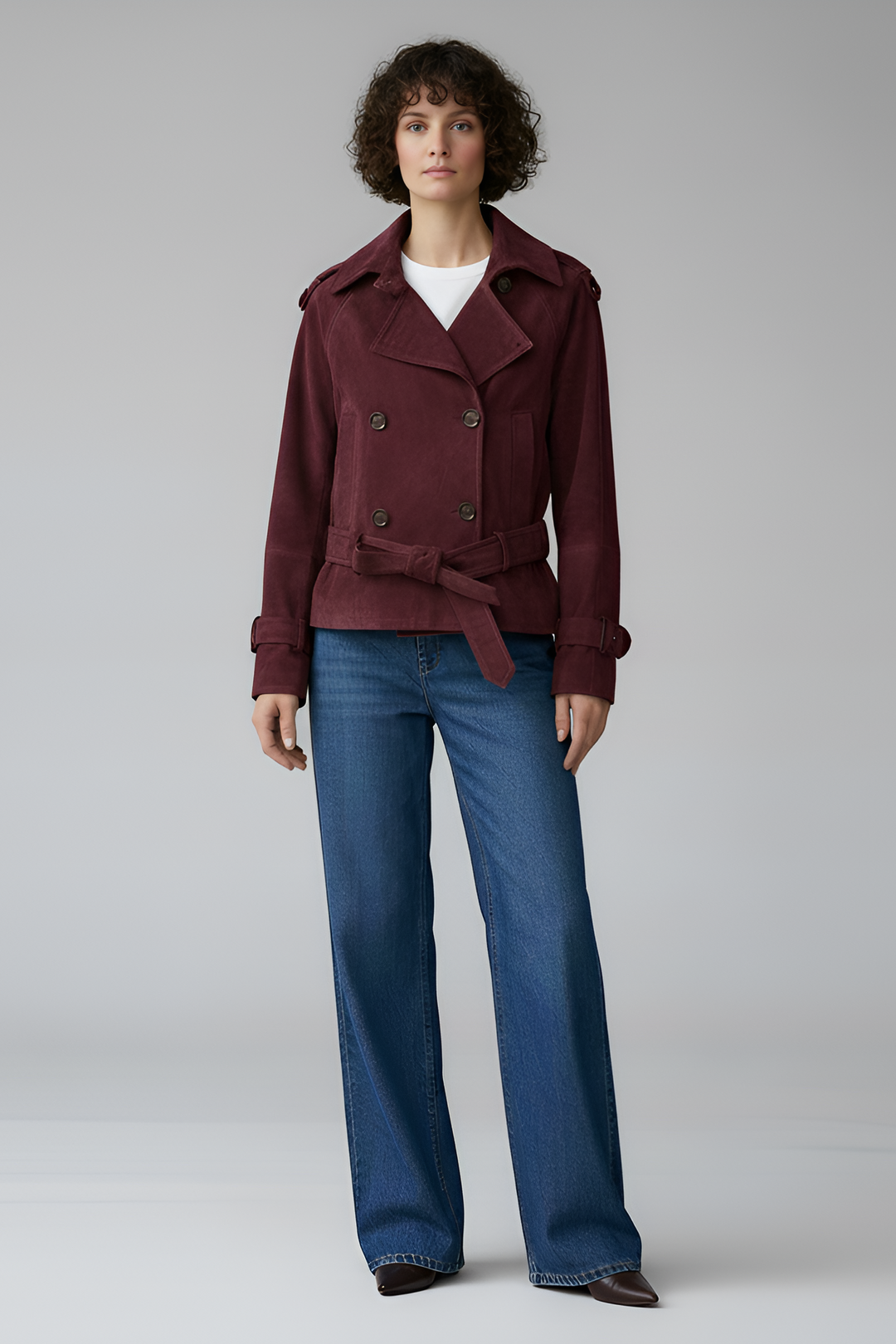 ELLIS suede leather trench coat women burgundy front view belted suede jacket