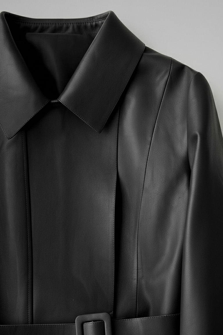 EMERSON - Long Belted Lea - collar detail, precise stitching, fabric texture