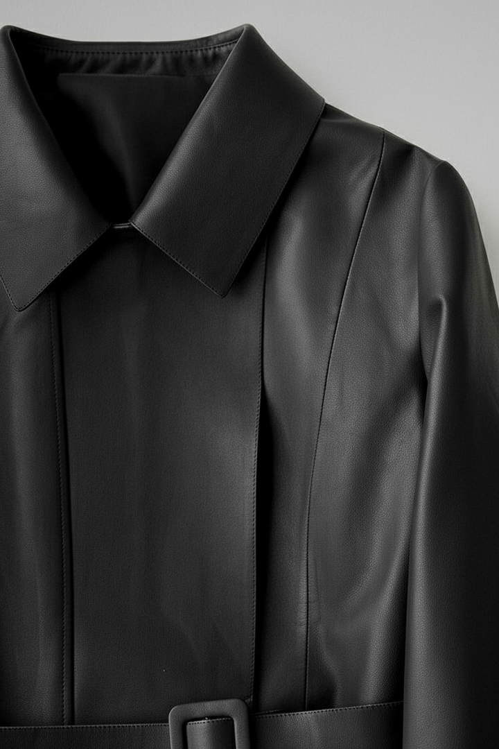 EMERSON - Long Belted Lea - collar detail, precise stitching, fabric texture