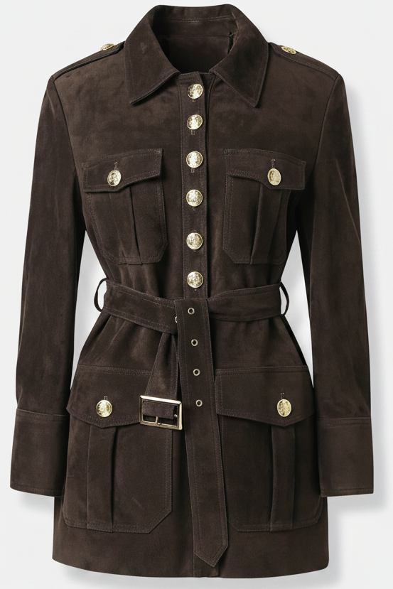 ESTELLE - Suede Leather Jacket, belted, dark brown, gold buttons