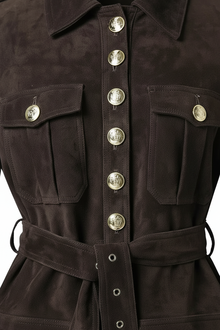 ESTELLE - Suede Leather J - suede texture, button, zipper, stitching