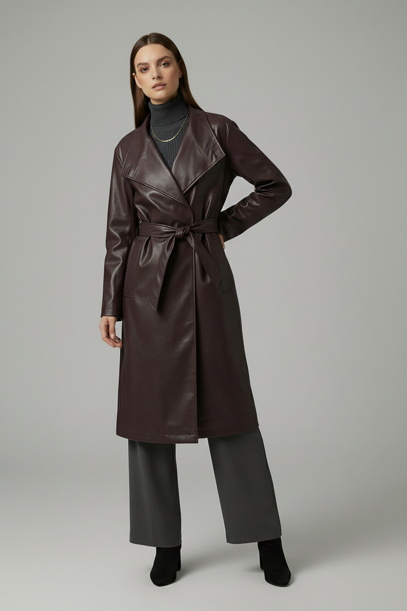 EUGENIE - Slim Belted Jacket on model- Buttonless, minimalist, elegant, relaxed shot
