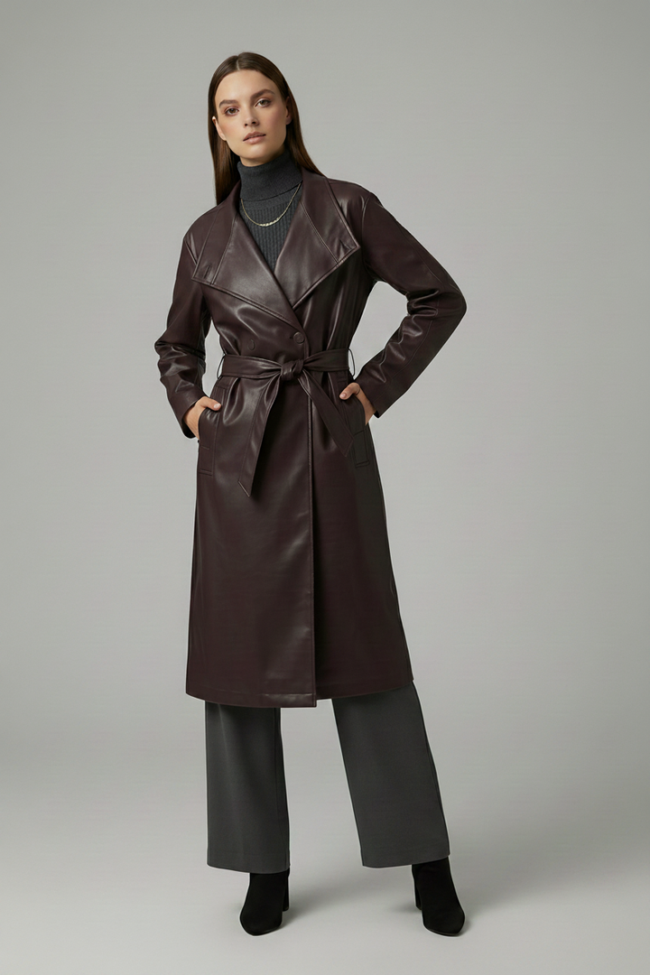 EUGENIE - Slim Belted Jacket on model - longline, tailored, elegant, hand in pockets