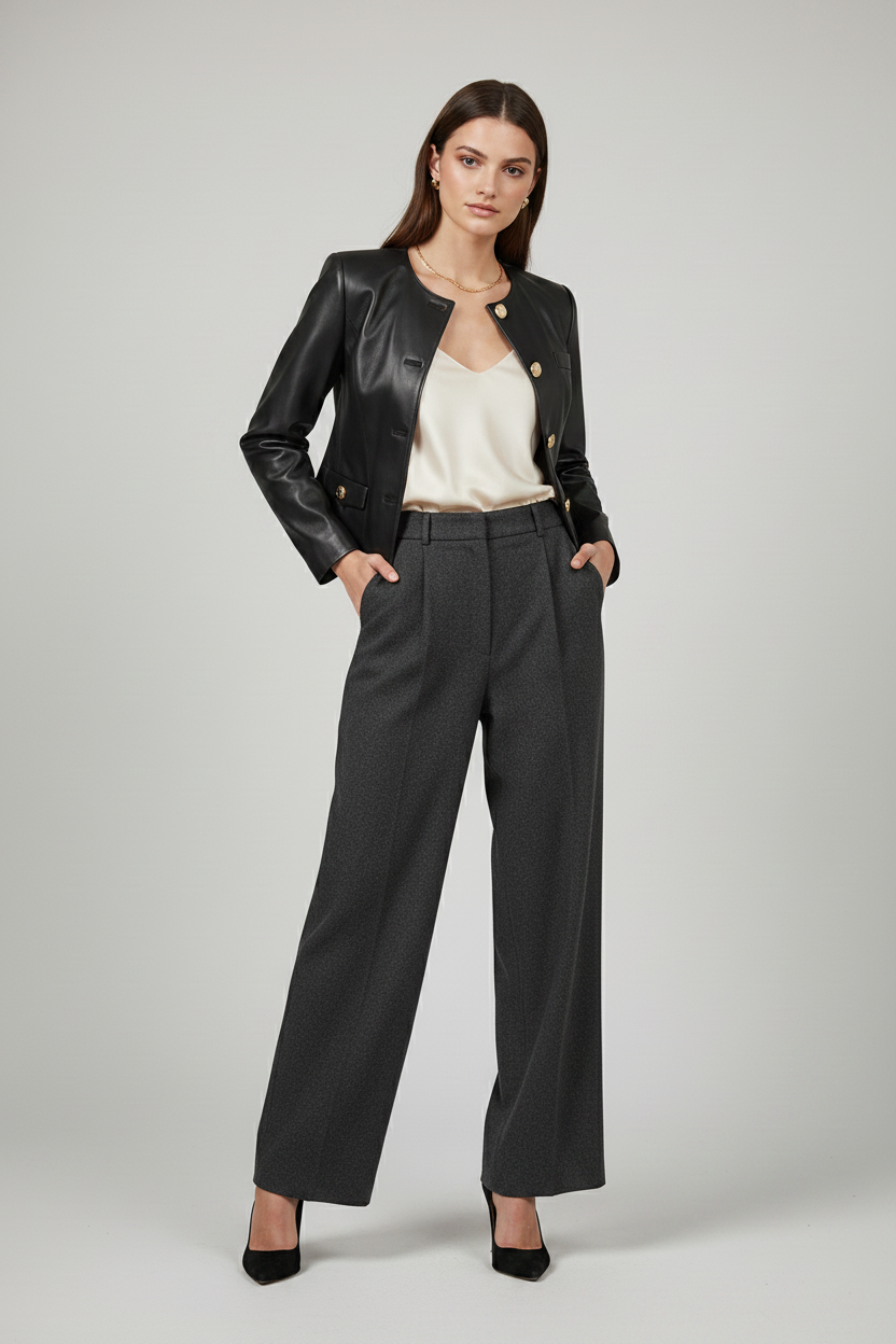 EVELYN - GENUINE SHEEPSKIN - Black leather, cropped, gold buttons, tailored