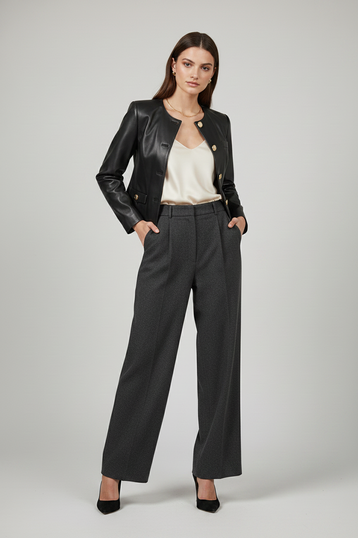 EVELYN - GENUINE SHEEPSKIN - Black leather, cropped, gold buttons, tailored