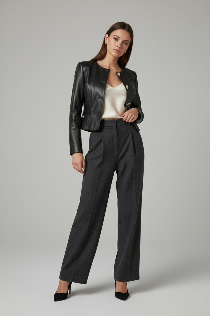 EVELYN - GENUINE SHEEPSKIN - black leather jacket, gold buttons, tailored