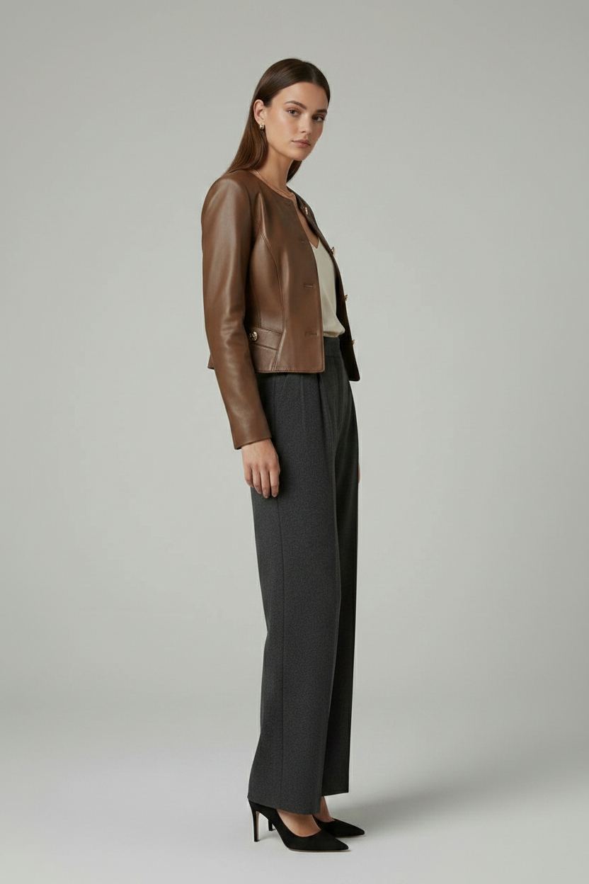 EVELYN - GENUINE SHEEPSKIN - Brown Leather cropped, side profile
