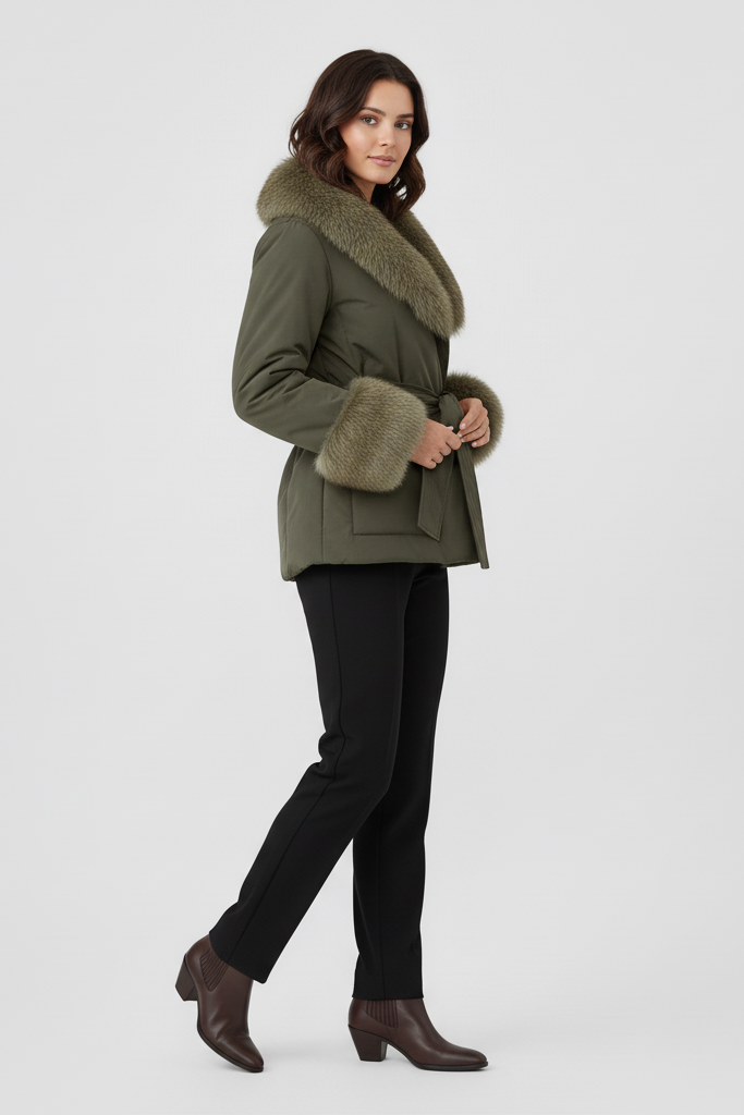 Woman wearing a green coat with fur trim on a white background