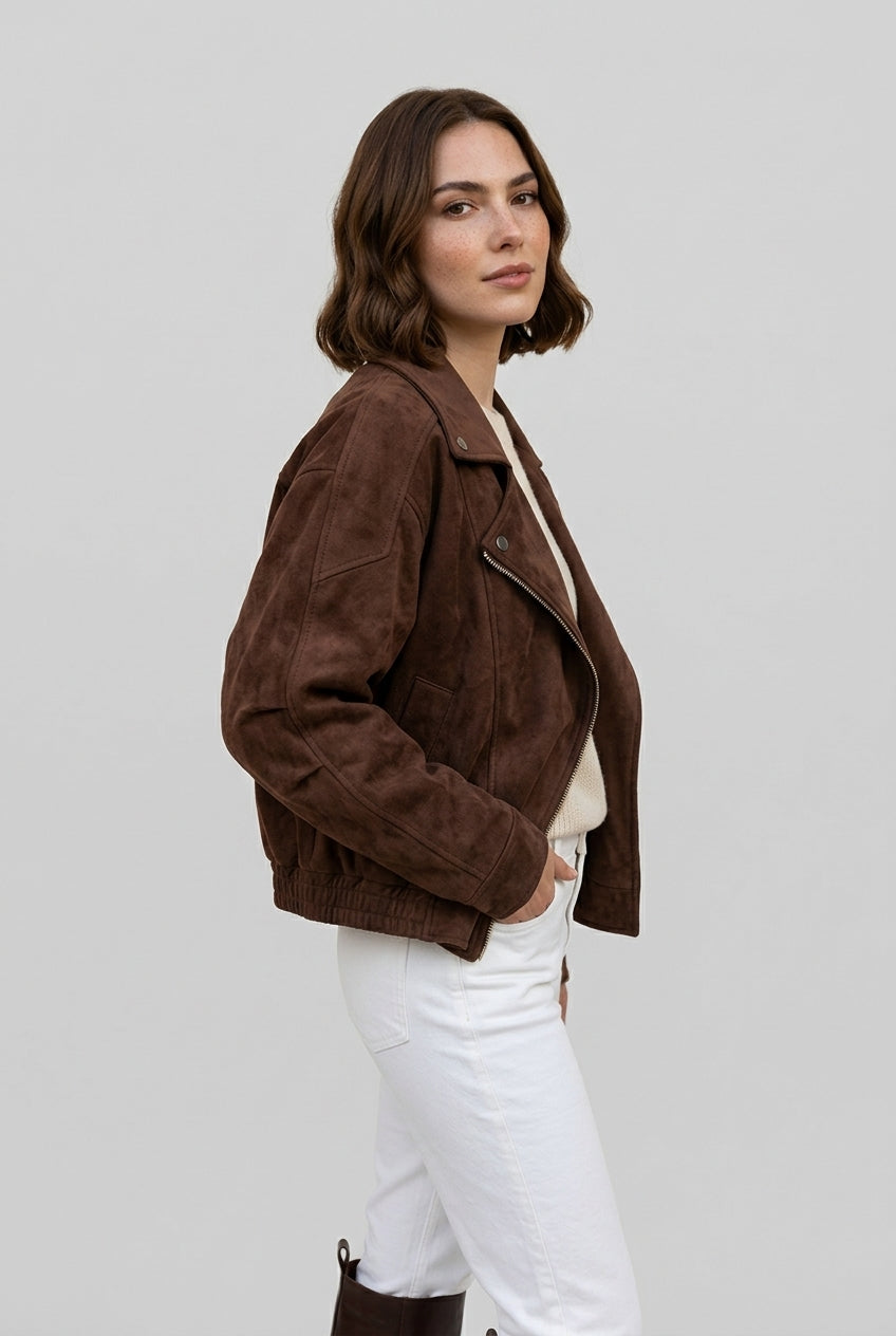 FLORA oversized suede biker jacket in brown, three-quarter view