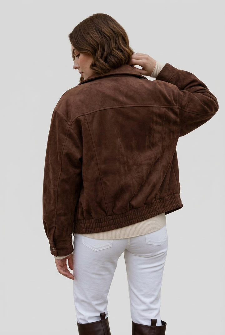 FLORA oversized suede biker jacket in brown, back view