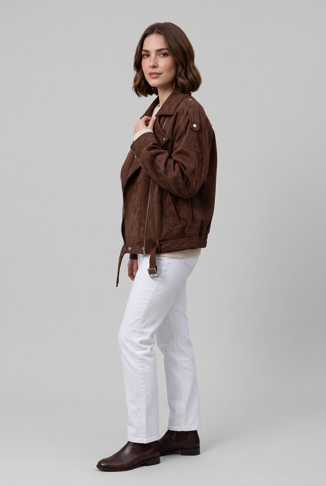 Full-length look: FLORA oversized suede biker jacket in brown