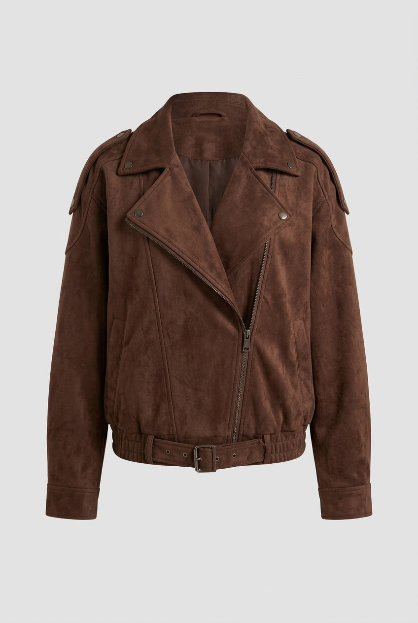 FLORA oversized suede biker jacket in brown, product shot