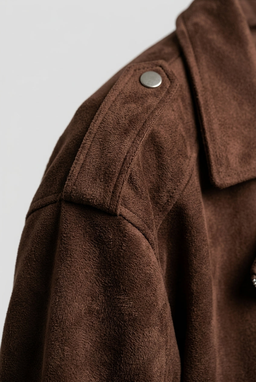 Close-up of the shoulder epaulette with its snap and the brushed suede texture on the FLORA oversized suede biker jacket