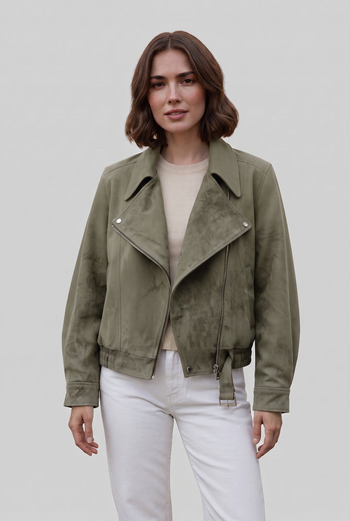 Woman wearing the FLORA oversized suede biker jacket in green, front view