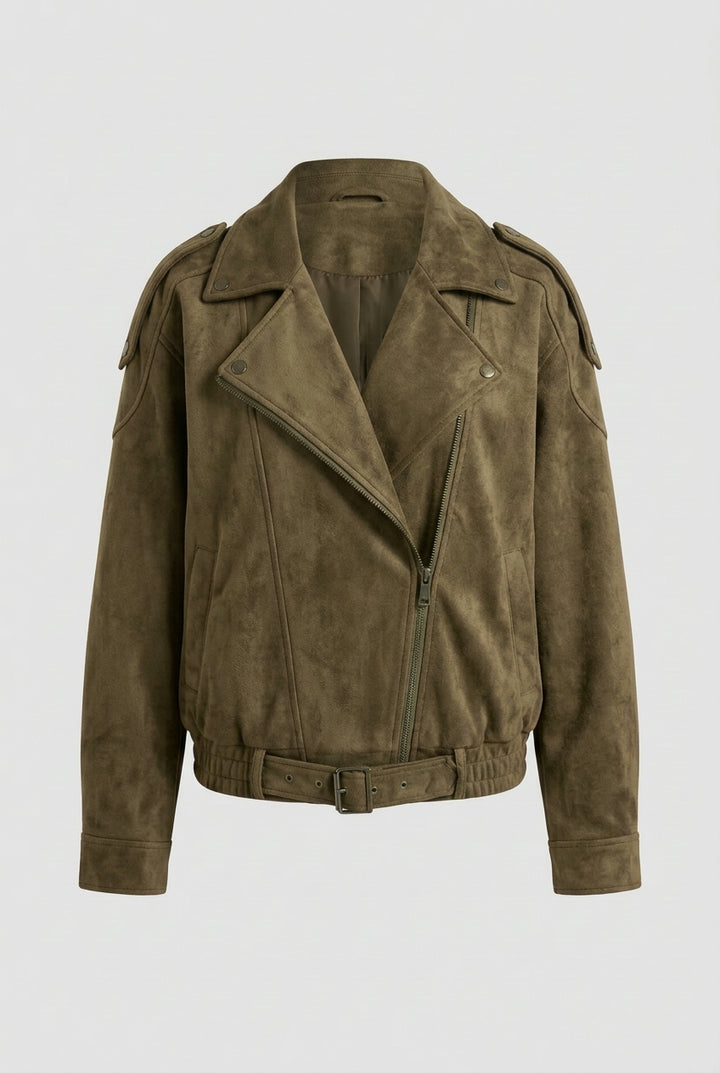 FLORA oversized suede biker jacket in green, product shot