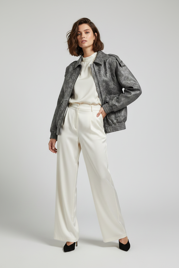 FLORENCE - Distressed She - distressed faux leather, grey bomber, quiet luxury