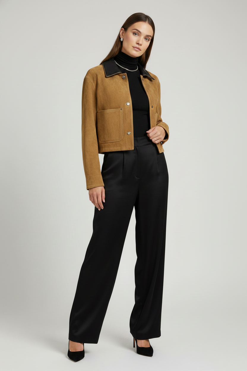 FRANCOISE - Suede Leather Jacket - black turtleneck quiet luxury