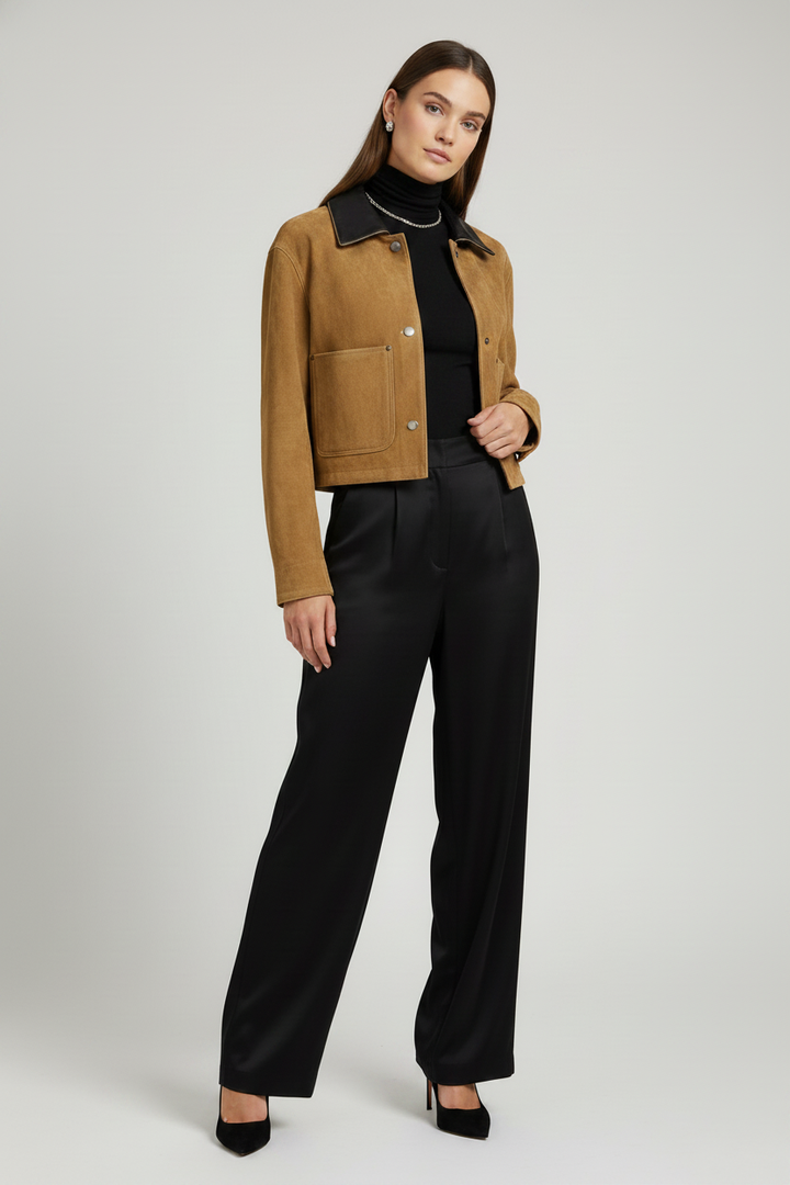 FRANCOISE - Suede Leather Jacket - black turtleneck quiet luxury