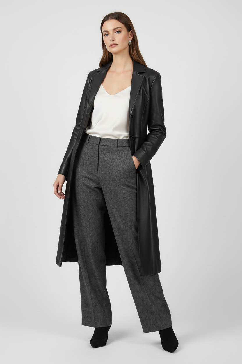 FRANKIE - Belted Long Leather Trench Coat, Black,  elegant pose