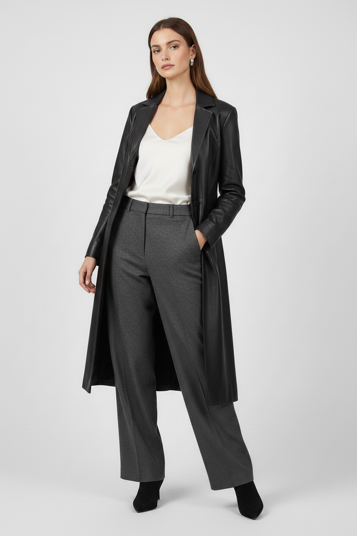 FRANKIE - Belted Long Leather Trench Coat, Black,  elegant pose