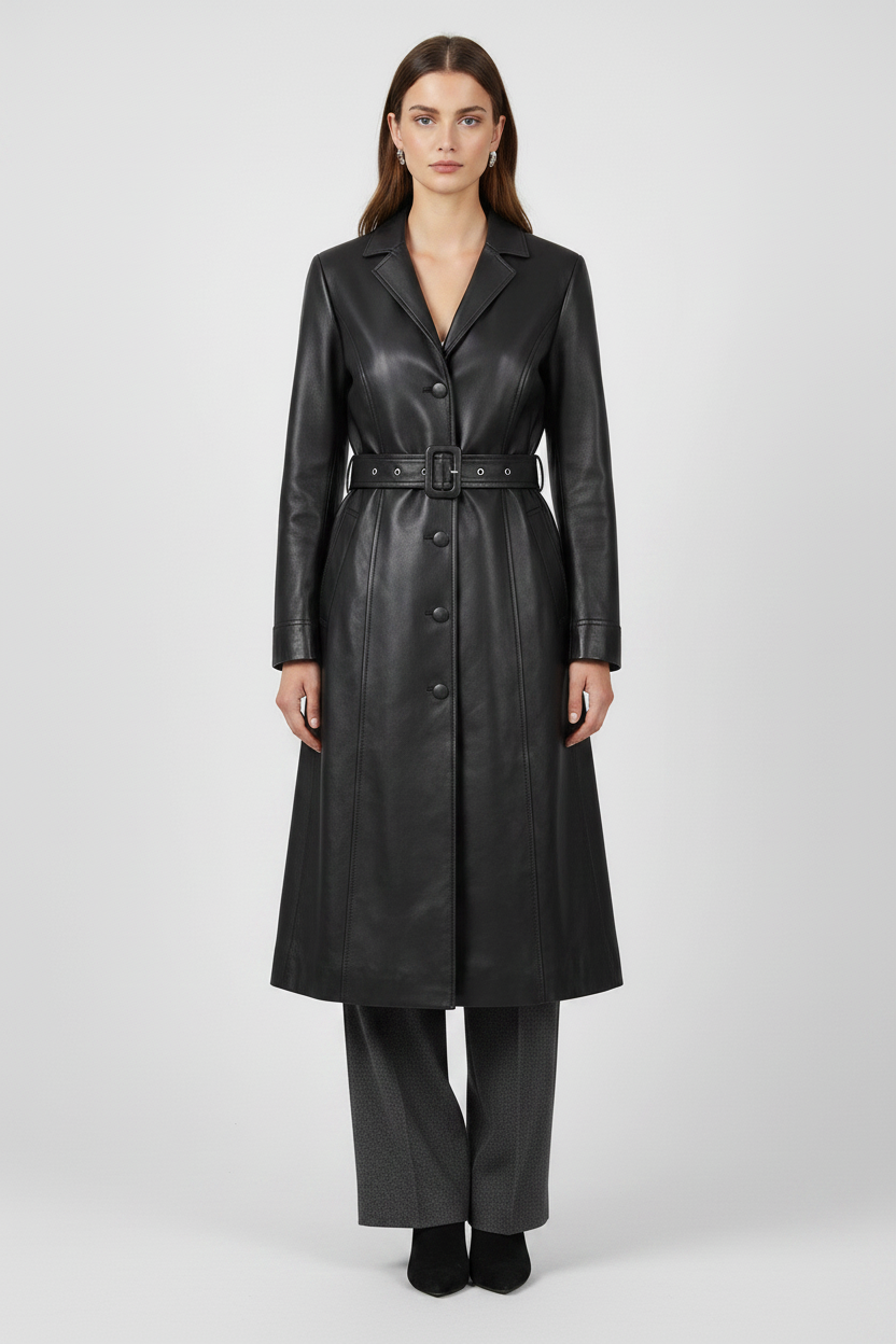 FRANKIE - Belted Long Leather Trench Coat, Black,  minimal model pose