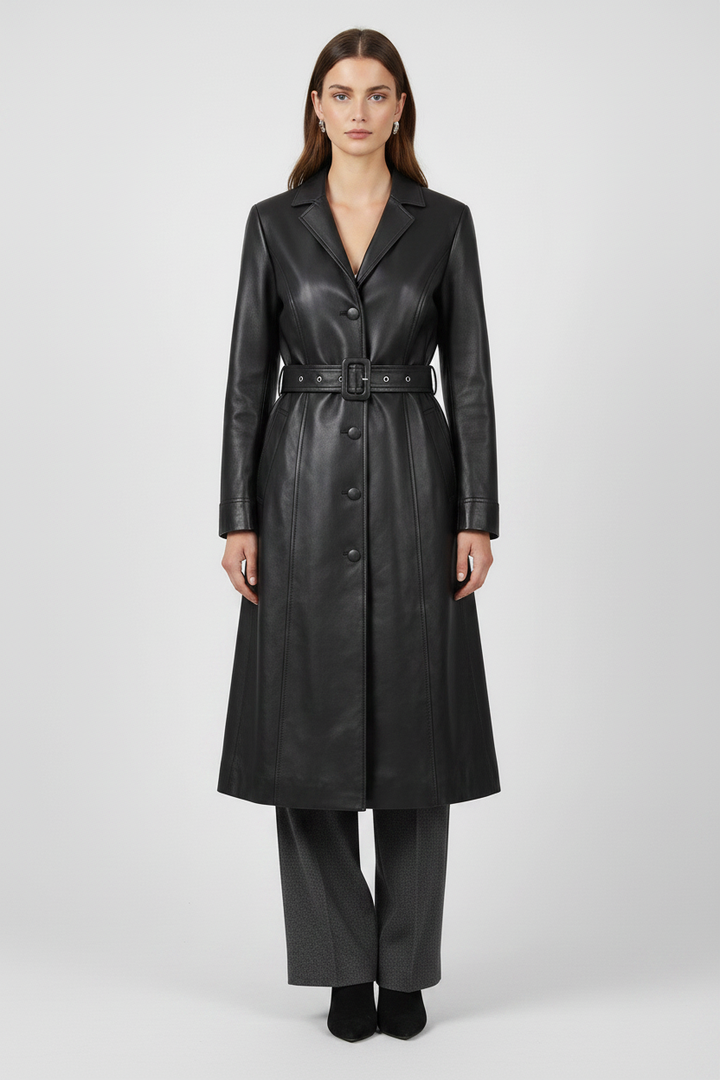 FRANKIE - Belted Long Leather Trench Coat, Black,  minimal model pose