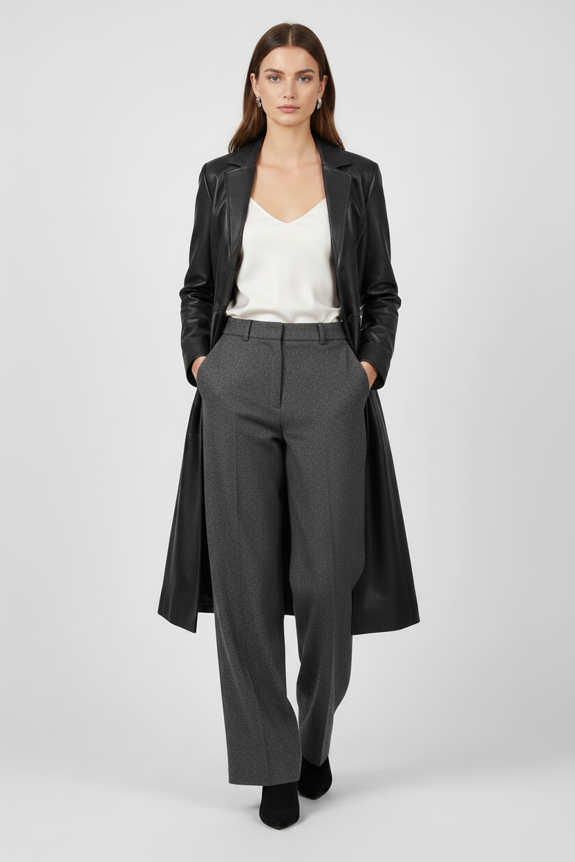 FRANKIE - Belted Long Leather Trench Coat, Black,  walking shot