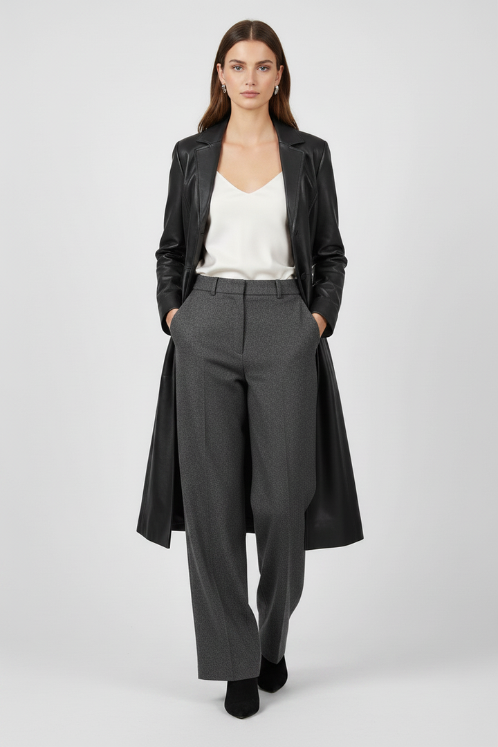 FRANKIE - Belted Long Leather Trench Coat, Black,  walking shot