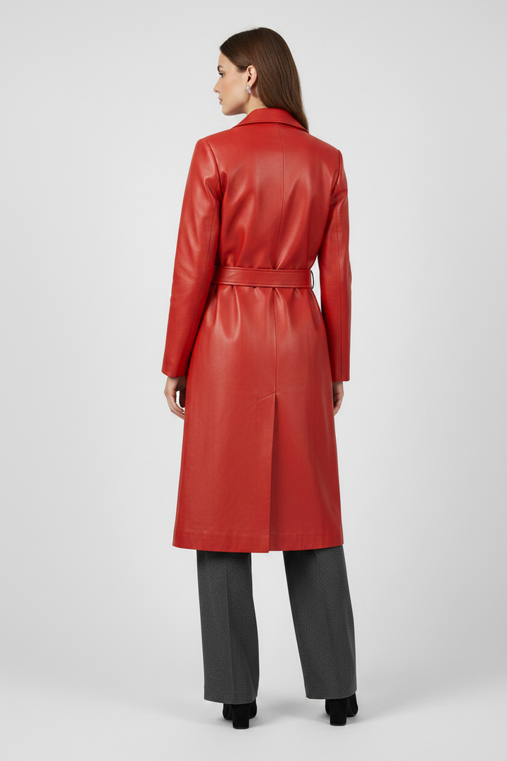 FRANKIE - Belted Long Leather Trench Coat, Red, Rear view