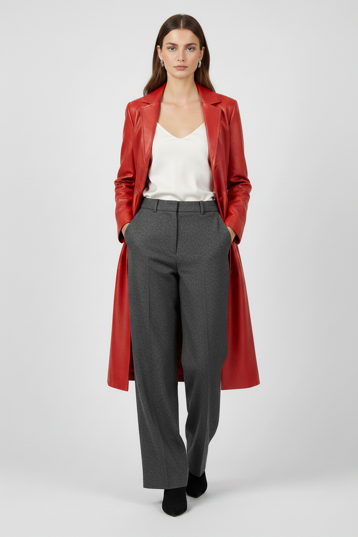 FRANKIE - Belted Long Leather Trench Coat, Red, Walking shot