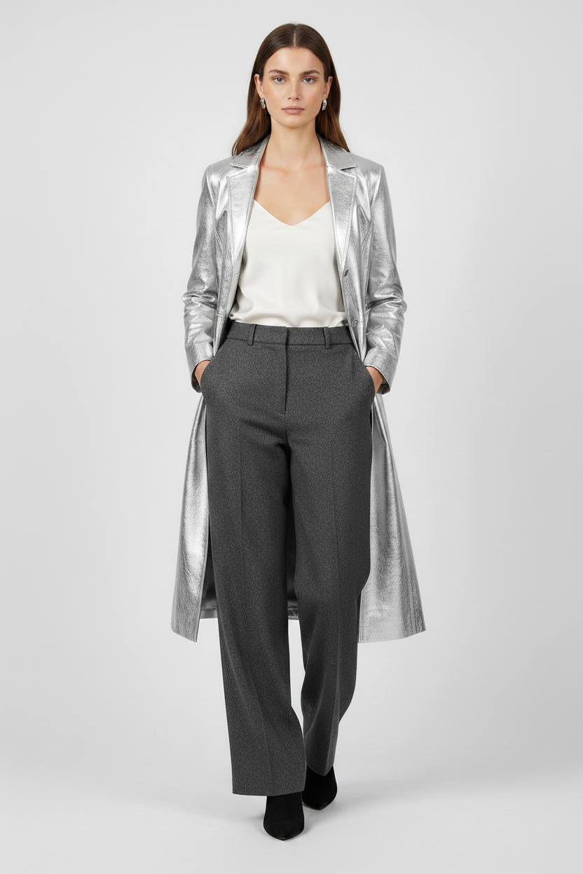 FRANKIE - Belted Long Leather Trench Coat - silver belted luxury coat, walkin shot