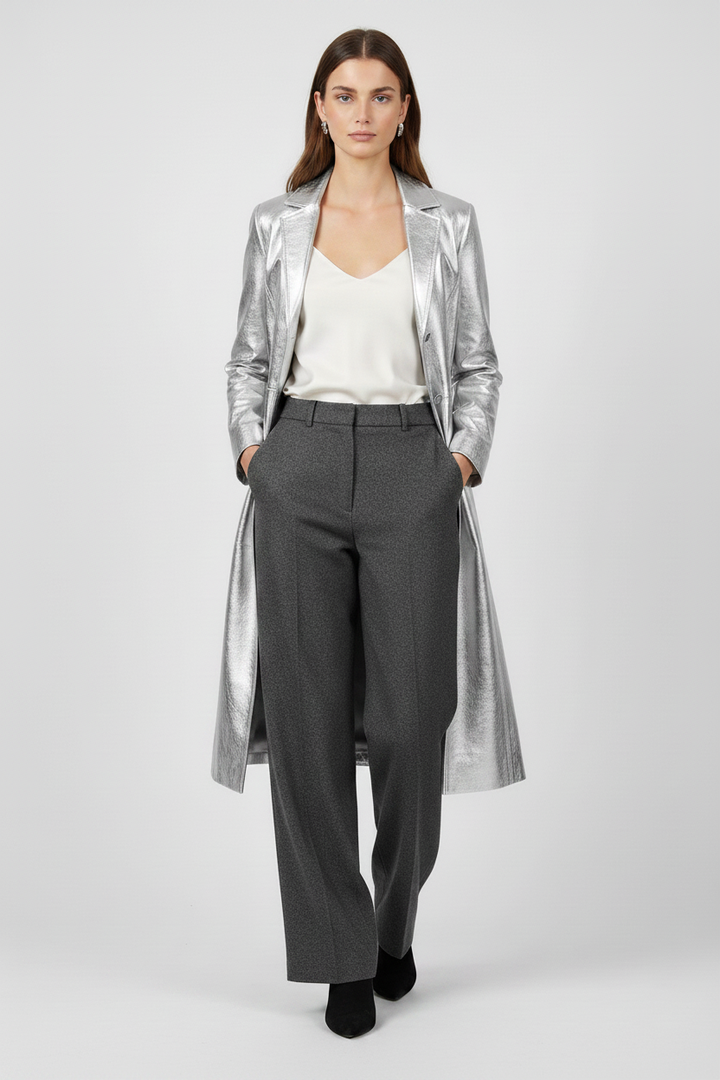 FRANKIE - Belted Long Leather Trench Coat - silver belted luxury coat, walkin shot