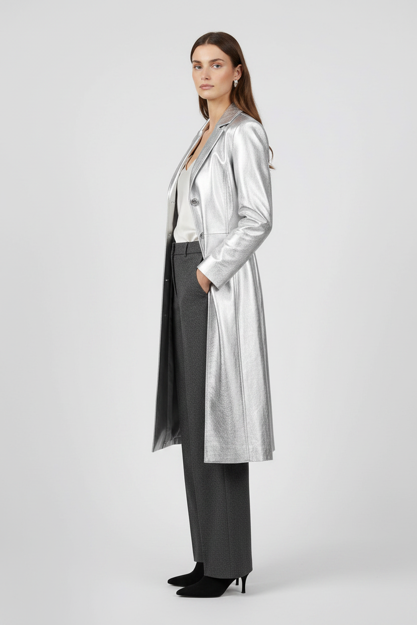 FRANKIE - Belted Long Leather Trench Coat, Silver Holographic, Side Profile View