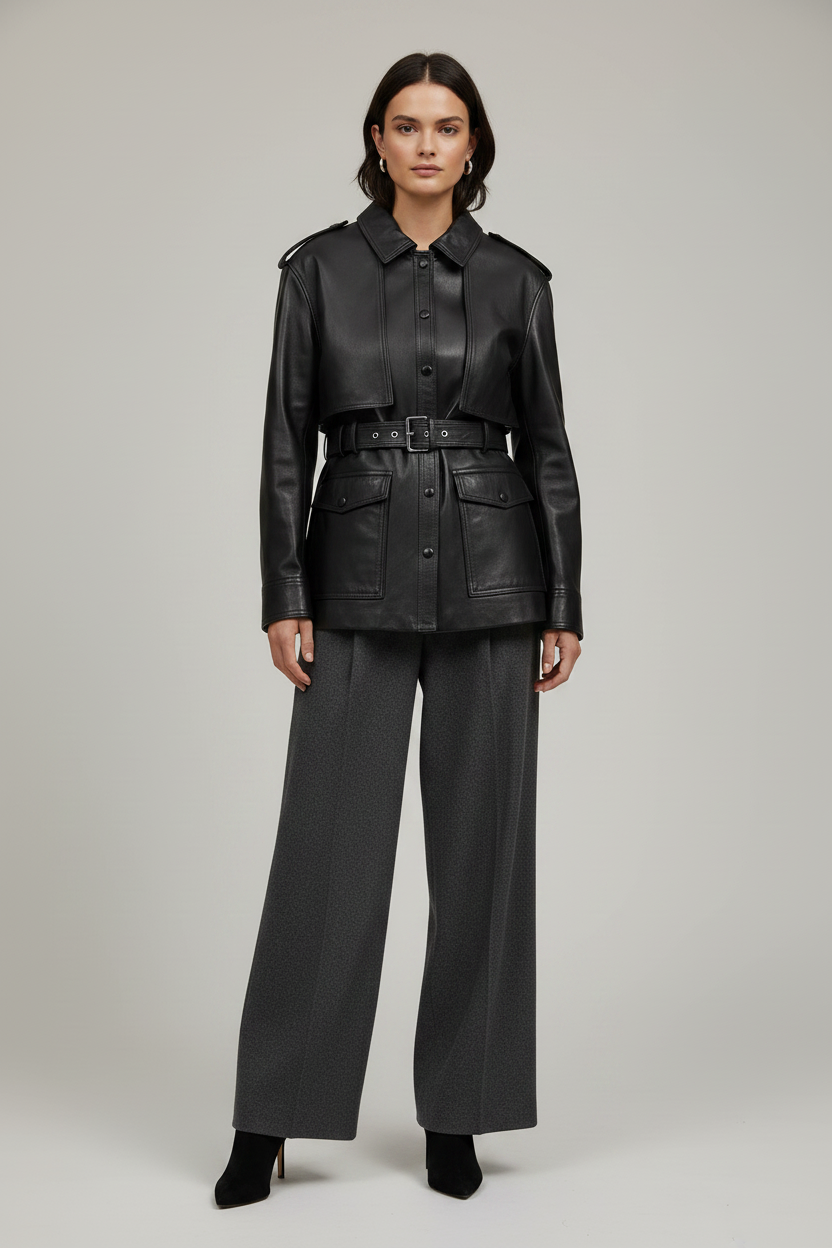 GENEVIEVE - Black Mid-Length Belted Jacket on model - elegant, minimal product shot