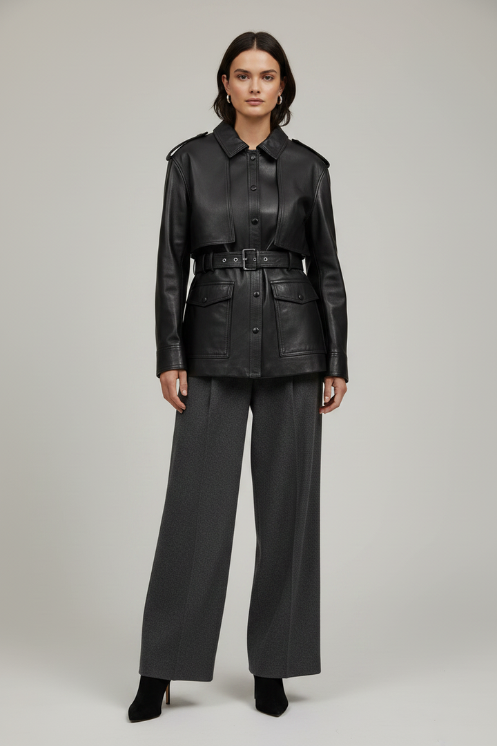 GENEVIEVE - Black Mid-Length Belted Jacket on model - elegant, minimal product shot