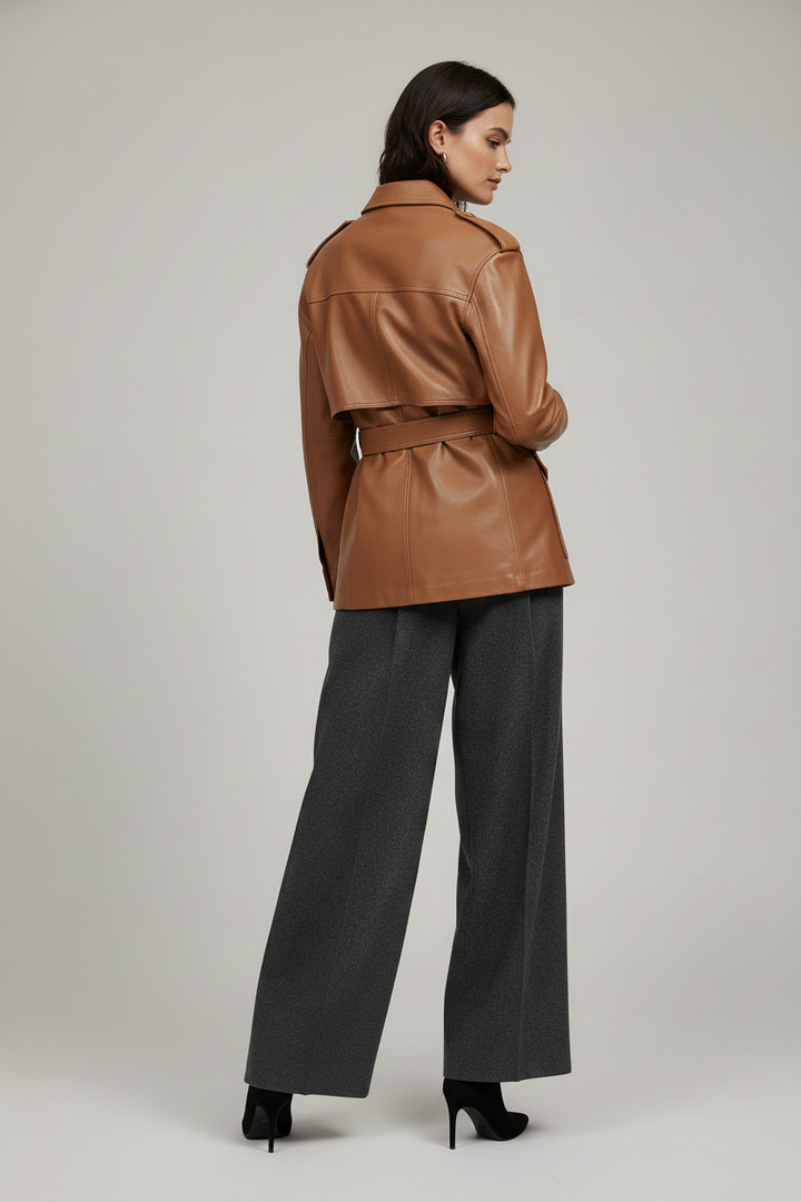 GENEVIEVE - Mid-Length Belted Jacket on model - elegant, minimalist, Rear view