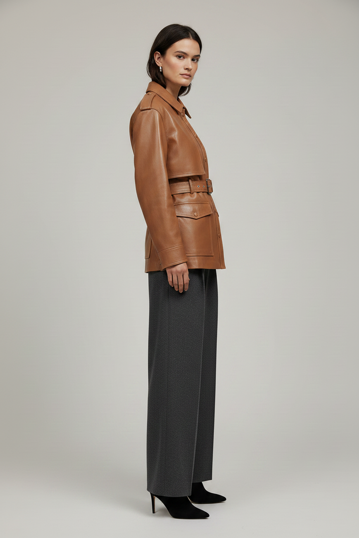 GENEVIEVE - Mid-Length Belted Jacket on model - elegant, minimalist, side profile view