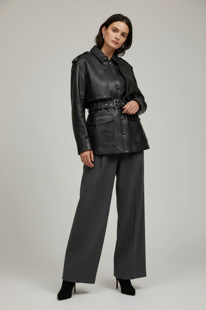 GENEVIEVE - Mid-Length Be - black leather trench, double-breasted, belted