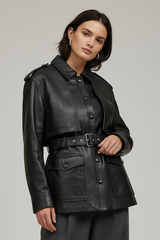 GENEVIEVE - Hip-Length Belted Vegetable-Tanned Leather Jacket